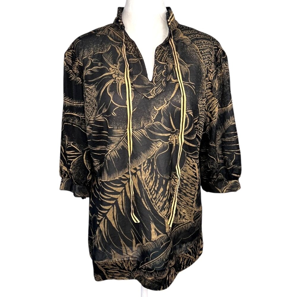 Vintage Black Gold Floral Blouse Added Dimensions Semi Sheer Top Medium